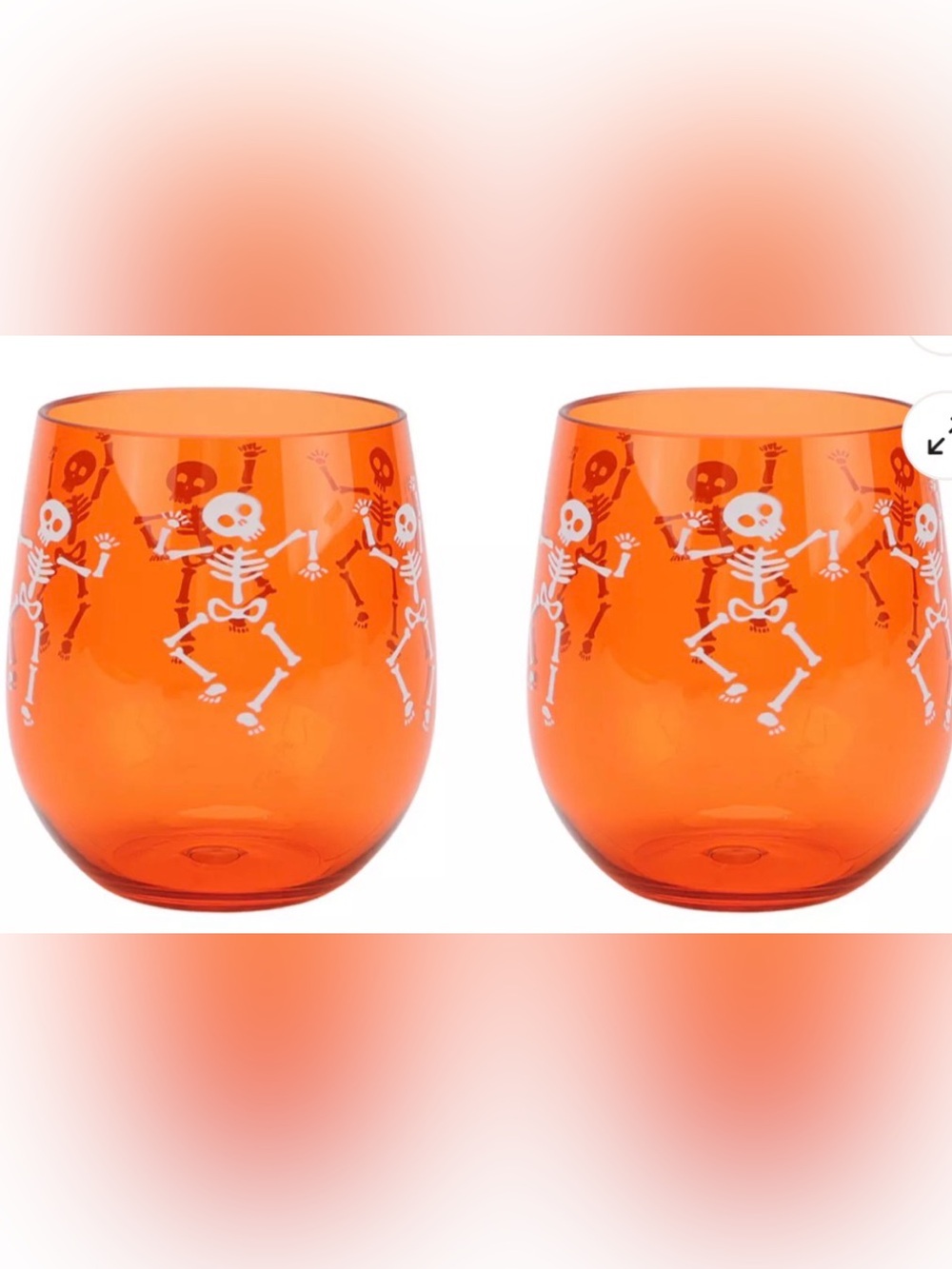 2 Halloween Orange Stemless Plastic Wine Glasses w/ Dancing Skeletons NEW IN BOX